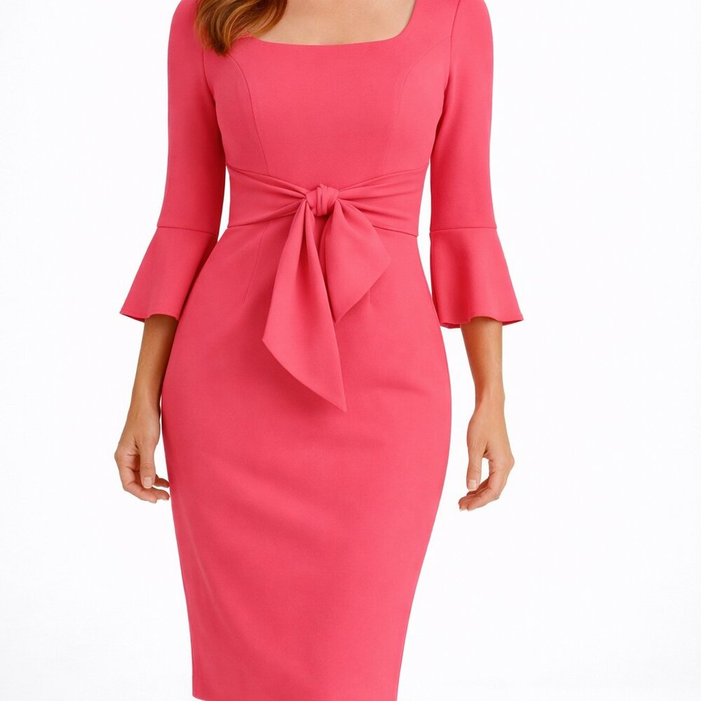 Adrianna Papell Coral Pink Midi Sheath Dress with Front Bow